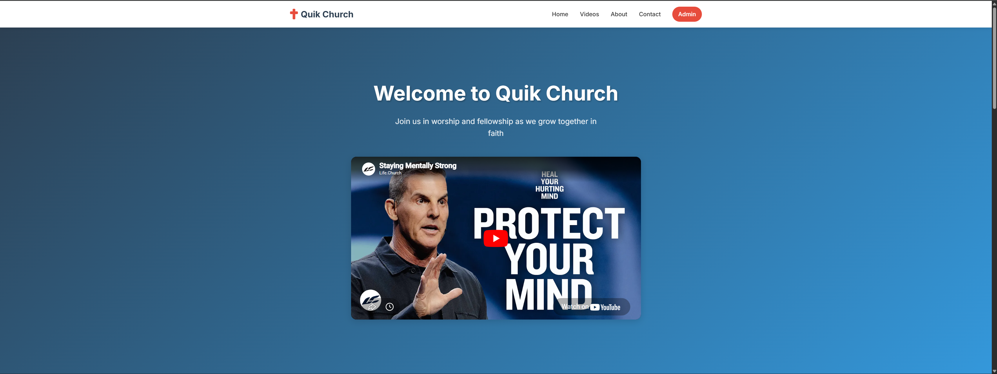 Screenshot of the church web app showing homepage hero and embedded media